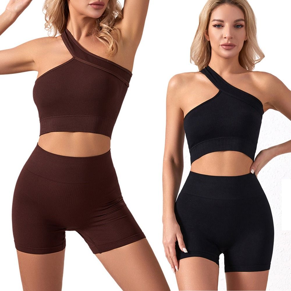 Tank Top Ribbed - ชุดออกกำลังกายผู้หญิงแบบไร้ตะเข็บ 2 ชิ้น เอวสูง ผ้าริบ ชุดแอคทีฟแวร์