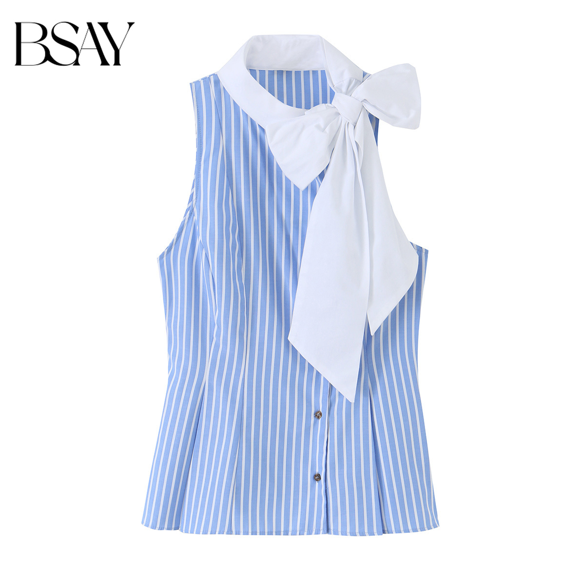 Suspender Tank Top - เสื้อสายเดี่ยวลายทางสีฟ้าขาว BSAY 2026 รุ่นซัมเมอร์ สำหรับผู้หญิง คอผูกโบว์